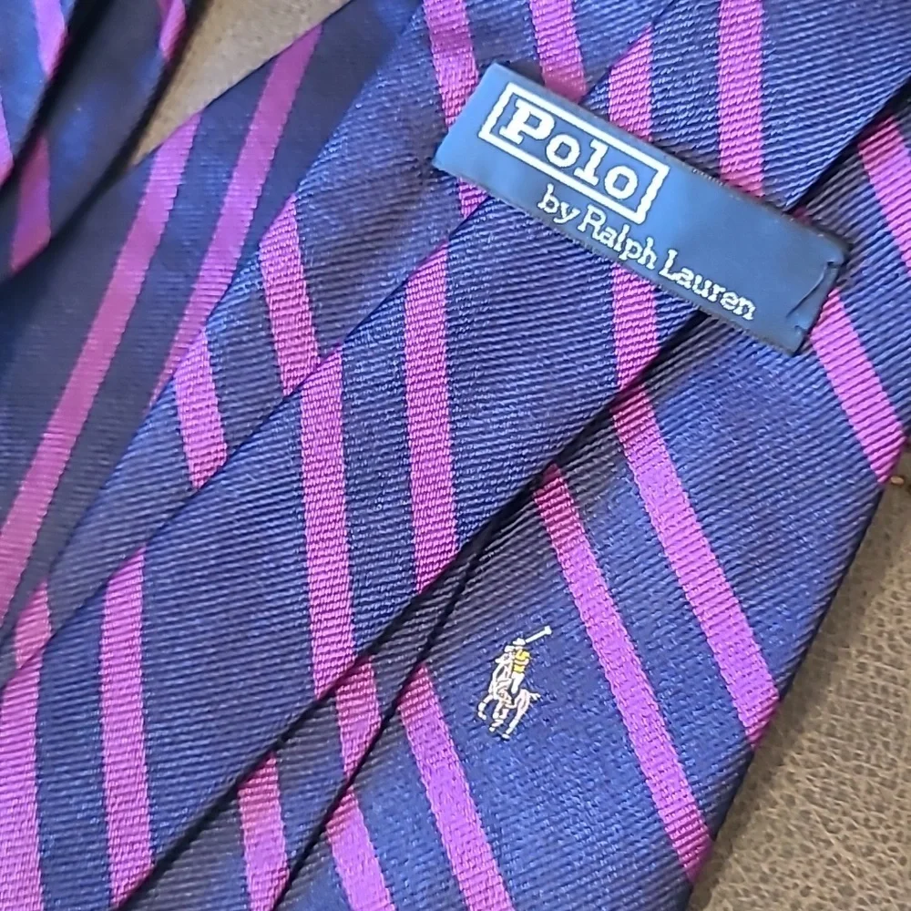 Polo Ralph Lauren 100% Silk Tie Navy Purple Stripes Preppy Designer Business